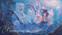 Rule 34 | 1girl, bad id, bad twitter id, blue eyes, breasts, cleavage, commentary, commentary request, commission, copyright request, coral, dress, english text, fish, flower, hair flower, hair ornament, horns, jellyfish, long hair, maccha (mochancc), mermaid, monster girl, purple hair, seaweed, see-through, solo, tagme, tassel, translucent, underwater