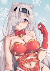 Rule 34 | 1girl, animal ears, arknights, aurora (arknights), bare arms, bare shoulders, bear ears, black hairband, blue background, blue eyes, breasts, chinese commentary, cleavage, commentary request, gloves, hair over one eye, hairband, hand up, highres, large breasts, long hair, looking at viewer, navel, red gloves, shi huaan ling feeng, silver hair, solo, strapless, upper body, very long hair