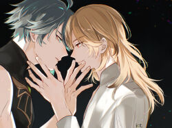 2boys ahoge alhaitham_(genshin_impact) artist_name black_background black_shirt blonde_hair closed_mouth commentary commentary_request english_commentary expressionless eye_contact eyelashes gem genshin_impact gold_trim green_eyes green_gemstone green_hair grey_hair hair_between_eyes hand_on_another&#039;s_chin hand_on_another&#039;s_face hand_up highres imminent_kiss kaveh_(genshin_impact) long_hair long_sleeves looking_at_another male_focus mandarin_collar mixed-language_commentary multicolored_hair multiple_boys profile red_eyes shirt short_hair sidelocks simple_background sleeveless sleeveless_shirt smile smirk swept_bangs tanuki_nishi upper_body white_shirt yaoi