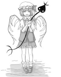 Rule 34 | 1girl, :d, bad id, bad pixiv id, closed eyes, digital (digital001), embodiment of scarlet devil, female focus, flandre scarlet, frilled skirt, frills, greyscale, happy tears, hat, laevatein, monochrome, open mouth, side ponytail, simple background, skirt, skirt set, smile, solo, standing, tears, touhou, white background, wings