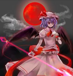 Rule 34 | 1girl, bad id, bad pixiv id, bat wings, blue hair, female focus, hat, moon, outdoors, polearm, red eyes, red moon, remilia scarlet, ribbon, short hair, skirt, sky, solo, spear, spear the gungnir, touhou, weapon, wings, wrist cuffs