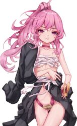 Rule 34 | 1girl, chastity belt, closed mouth, collar, eien project, eyebrows, female focus, from behind, highres, kiki lockheart, long hair, looking at viewer, lunarisbloom, matching hair/eyes, navel, pink collar, pink eyes, pink hair, ponytail, simple background, solo, standing, sword, tagme, virtual youtuber, weapon, white background