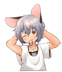 Rule 34 | 1girl, animal ears, black tank top, blush, commentary request, cropped torso, flat chest, greenpiecerice, grey hair, grey scrunchie, hair between eyes, hair tie in mouth, highres, looking at viewer, medium bangs, mouse (animal), mouse ears, mouse girl, mouth hold, nazrin, one eye closed, open mouth, red eyes, scrunchie, shirt, short hair, short sleeves, simple background, solo, tank top, touhou, upper body, white background, white shirt