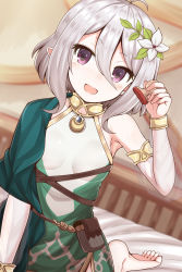 Rule 34 | 1girl, arm up, armpits, bed, blurry, blurry background, breasts, cape, commentary request, flower, grey hair, hair flower, hair ornament, highres, holding, jewelry, kneeling, kokkoro (princess connect!), leaf hair ornament, looking at viewer, masa masa, neck ring, no shoes, open mouth, pointy ears, pouch, pov, princess connect!, princess connect!, purple eyes, short hair, small breasts, solo, stamp mark