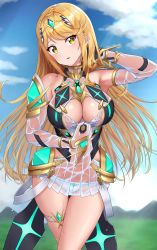 Rule 34 | 1girl, bare shoulders, blonde hair, blurry, blush, breasts, cleavage, cleavage cutout, clothing cutout, cloud, elbow gloves, gem, gloves, grass, hair ornament, headpiece, highres, jewelry, large breasts, long hair, looking at viewer, mountain, mythra (xenoblade), nemunemu semi, nintendo, open mouth, panties, see-through, sky, smile, solo, swept bangs, thigh strap, tiara, underwear, very long hair, wet, white panties, xenoblade chronicles (series), xenoblade chronicles 2, yellow eyes
