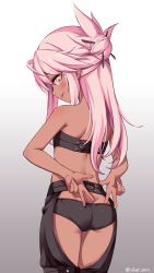 Rule 34 | 1girl, :p, ass, back, bare arms, bare shoulders, chloe von einzbern, commentary, cowboy shot, dark-skinned female, dark skin, double w, fate/kaleid liner prisma illya, fate (series), from behind, gradient background, grey background, hair bun, hair ornament, hair stick, highres, long hair, looking at viewer, looking back, morokoshi (tekku), perfection, pink hair, shoulder blades, simple background, single hair bun, smile, solo, tongue, tongue out, twitter username, w, yellow eyes