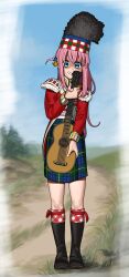 Rule 34 | 1girl, absurdres, bearskin cap, black footwear, blue eyes, blue sky, bocchi the rock!, boots, full body, fur trim, gotoh hitori, hair ornament, highres, holding, holding instrument, instrument, kilt, open mouth, pink hair, plaid, pzkpfwi, red tunic, sky, solo, standing
