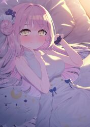 Rule 34 | 1girl, angel wings, bare arms, bare shoulders, bed, bed sheet, blue archive, blue bow, blush, bow, breasts, closed mouth, crescent, dress, feathered wings, flower, hair bun, hair flower, hair ornament, halo, hands up, highres, index finger raised, long hair, looking at viewer, low wings, lying, medium breasts, mika (blue archive), on back, on bed, pillow, pink hair, scrunchie, single side bun, sleeveless, sleeveless dress, smile, solo, tofu1601, very long hair, white dress, white wings, wings, wrist scrunchie, yellow eyes