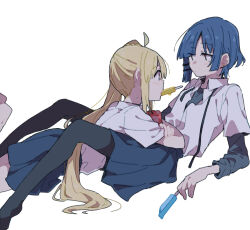 Rule 34 | 2girls, blonde hair, blue hair, bocchi the rock!, food in mouth, ijichi nijika, looking at viewer, lying, multiple girls, on stomach, popsicle, popsicle in mouth, ree (re-19), school uniform, yamada ryo, yuri