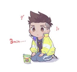 Rule 34 | 1boy, black shirt, blue pants, brown eyes, brown hair, chibi, chopsticks, closed mouth, cyberpunk (series), cyberpunk edgerunners, david martinez, highres, jacket, jewelry, kome 1022, long sleeves, male focus, mohawk, necklace, nissin cup noodle, open clothes, open jacket, pants, shirt, signature, simple background, sitting, solo, yellow jacket