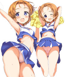 Rule 34 | 10s, 1girl, alternate costume, armpits, arms behind head, bare arms, bare legs, blue eyes, blue footwear, blue skirt, braid, breasts, cheerleader, girls und panzer, jumping, looking at viewer, midriff, miniskirt, multiple views, one eye closed, open mouth, orange hair, orange pekoe (girls und panzer), panties, pink panties, pom pom (cheerleading), ponytail korosuke, shoes, simple background, skirt, small breasts, smile, sweat, underwear, white background