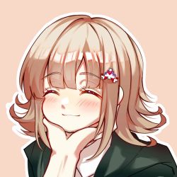 Rule 34 | 1girl, beige background, black jacket, blush, brown hair, closed eyes, closed mouth, commentary request, danganronpa (series), danganronpa 2: goodbye despair, hair ornament, hairclip, hand on another&#039;s chin, highres, huo-yao sama, jacket, nanami chiaki, out of frame, portrait, shirt, short hair, simple background, smile, solo focus, spaceship hair ornament, white shirt