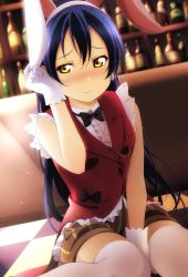 Rule 34 | 1girl, animal ears, between legs, black bow, black bowtie, blue hair, blush, bow, bowtie, commentary request, earrings, embarrassed, fake animal ears, gloves, hair between eyes, hand between legs, hand on headwear, highres, jewelry, korekara no someday, long hair, love live!, love live! school idol project, puffy shorts, rabbit ears, reno 0901, shorts, sitting, solo, sonoda umi, thighhighs, wariza, white gloves, white thighhighs, yellow eyes