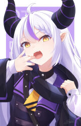 Rule 34 | 1girl, absurdres, ahoge, black collar, braid, coat, collar, finger in own mouth, highres, hololive, la+ darknesss, la+ darknesss (1st costume), long hair, looking at viewer, metal collar, multicolored hair, open mouth, pointy ears, purple coat, purple hair, shiinochi, single braid, solo, streaked hair, very long hair, virtual youtuber, white hair, yellow eyes