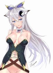 Rule 34 | 1girl, animal ears, antenna hair, arms behind back, artist name, bare shoulders, blush, breasts, bustier, detached collar, elbow gloves, gloves, grey hair, highres, large breasts, long hair, nakamura nagare, navel, original, out-of-frame censoring, parted lips, ponytail, purple eyes, sidelocks, simple background, solo, yin yang