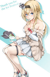 Rule 34 | 1girl, bare shoulders, blonde hair, blue eyes, blush, braid, breasts, cleavage, corset, crown, dress, flower, food, french braid, garter straps, hair between eyes, hairband, hat, high heels, highres, holding, holding spoon, ice skates, jewelry, kantai collection, long hair, long sleeves, looking at viewer, mary janes, medium breasts, mini crown, necklace, off-shoulder dress, off shoulder, red flower, red ribbon, red rose, ribbon, rose, sezok, shaved ice, shoes, sidelocks, sitting, skates, skindentation, smile, solo, spoon, thank you, thighhighs, unworn hat, unworn headwear, warspite (kancolle), white dress, white thighhighs
