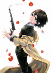 Rule 34 | 1girl, androgynous, artist name, belt pouch, black hair, brown coat, closed mouth, coat, dress shirt, flower, from side, green eyes, green jacket, green pants, gun, hair between eyes, handgun, hibiscus, holding, holding gun, holding weapon, itsuki souma, jacket, kino (kino no tabi), kino no tabi, leaning back, long sleeves, looking at viewer, looking to the side, off shoulder, pants, petals, pistol, pouch, red flower, revolver, shirt, short hair, signature, simple background, smile, smoke, solo, standing, tomboy, trench coat, trigger discipline, weapon, white background, white shirt