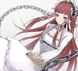 Rule 34 | 1girl, blunt bangs, book, breasts, chain, cleavage, closed mouth, collar, cowboy shot, detached collar, detached sleeves, dress, expressionless, frilled collar, frilled hairband, frilled sleeves, frills, grey background, hair ornament, hair ribbon, hairband, highres, holding, holding book, lolita fashion, long hair, orange eyes, own hands together, persona, persona 3, persona 3 reload, pppppknw, red hair, ribbon, sidelocks, small breasts, solo, straight hair, twitter username, very long hair, white dress, white nails, white ribbon, white sleeves, yoshino chidori