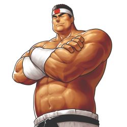 Rule 34 | 1boy, abs, bandaged arm, bara, character request, crossed arms, dark-skinned male, dark skin, dobito mn, dougi, headband, male focus, mature male, muscular, muscular male, navel, original, pants, pectorals, short hair, smile, solo, stomach, the king of fighters, topless male, white pants