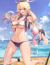 Rule 34 | 2girls, artist name, bikini, blonde hair, blue eyes, blue sky, breasts, cleavage, cloud, collarbone, convenient censoring, day, headgear, highres, himeyamato, holding, holding clothes, holding swimsuit, iowa (kancolle), kantai collection, kneeling, large breasts, mismatched bikini, multiple girls, navel, nude, outdoors, sky, soaking feet, solo focus, star-shaped pupils, star (symbol), swimsuit, symbol-shaped pupils, water, water drop, yamato (kancolle), yamato kai ni (kancolle)