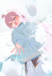 Rule 34 | 1girl, absurdres, ahoge, blue archive, blush, bm tol, brown pants, closed eyes, hair between eyes, halo, highres, hoshino (blue archive), jacket, long hair, long sleeves, open mouth, pants, pink hair, pink halo, smile, snow, snowball, snowball fight, solo, white jacket
