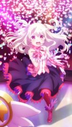 Rule 34 | 1girl, absurdres, black skirt, blouse, blurry, blurry background, boots, dress shirt, earrings, fate/kaleid liner prisma illya, fate (series), feather hair ornament, feathers, floating hair, game cg, gloves, hair between eyes, hair ornament, headset, highres, idol, illyasviel von einzbern, jewelry, long hair, long skirt, long sleeves, looking at viewer, magical ruby, microphone, neck ribbon, official art, open mouth, pink gloves, plaid footwear, plaid gloves, red eyes, red footwear, red legwear, red ribbon, ribbon, shirt, silver hair, skirt, solo, stage, standing, twintails, two side up, white feathers, white shirt