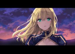 Rule 34 | 1girl, artoria pendragon (fate), blonde hair, cleavage cutout, clothing cutout, cloud, dress, evening, fate/stay night, fate (series), green eyes, hair down, ice (ice aptx), letterboxed, long hair, looking at viewer, mountain, puffy sleeves, saber (fate), sky, solo