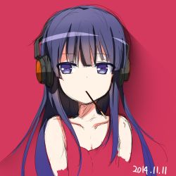 Rule 34 | 10s, 1girl, black hair, brown eyes, brown hair, female focus, food, headphones, highres, long hair, mouth hold, piripun, pocky, pocky day, purple eyes, red background, solo, sora no method, togawa shione, upper body