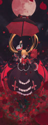 Rule 34 | 1girl, absurdres, animal-themed umbrella, black dress, black footwear, blazblue, blonde hair, bow, cat, dress, full body, full moon, grey background, high heels, highres, holding, holding umbrella, long hair, moon, night, night sky, rachel alucard, red bow, red eyes, simple background, sky, solo, sou (pale 1080), standing, twintails, twitter username, umbrella, vampire, wings