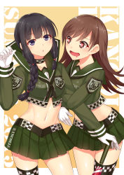Rule 34 | 2girls, absurdres, adapted costume, arm hug, black hair, blue eyes, blush, braid, breasts, brown eyes, brown hair, collarbone, cowboy shot, crop top, drooling, gloves, green skirt, hand up, heart, heart-shaped pupils, highres, holding, horosuke, kantai collection, kitakami (kancolle), long hair, long sleeves, looking at viewer, medium breasts, midriff, miniskirt, multiple girls, navel, ooi (kancolle), parted lips, pleated skirt, race queen, shiny skin, simple background, single thighhigh, skirt, smile, stomach, symbol-shaped pupils, thighhighs, umbrella, white gloves, yellow background, yuri