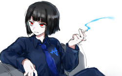 Rule 34 | 1girl, black hair, blue fire, blue necktie, blue shirt, cigarette, collared shirt, fire, hand up, limbus company, long sleeves, necktie, parted lips, project moon, red eyes, ryoshu (project moon), shirt, short hair, smoke, solo, uchimura (rino0525)