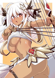 Rule 34 | 1girl, absurdres, ahoge, artist name, ass, black skin, bow (weapon), breasts, colored skin, dancing archer tinia, guardian tales, hair ornament, highres, holding, holding bow (weapon), holding weapon, long hair, looking at another, medium breasts, momohara rile, open mouth, red eyes, strapless, thighs, underboob, weapon, white hair