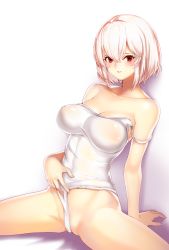 Rule 34 | 1girl, arm support, azur lane, bad id, bad pixiv id, bare shoulders, blush, breasts, breasts apart, cleavage, clothes pull, clothing aside, collarbone, covered erect nipples, effort star, eyelashes, frontal wedgie, groin, hair between eyes, highres, large breasts, looking at viewer, medium breasts, off shoulder, one-piece swimsuit, one-piece swimsuit pull, parted lips, partially visible vulva, pulling own clothes, red eyes, self wedgie, short hair, sirius (azur lane), sitting, solo, spread legs, swimsuit, swimsuit aside, thighs, wedgie, white hair, white one-piece swimsuit
