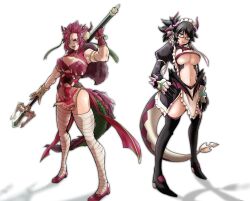 Rule 34 | 2girls, absurdres, adapted costume, alternate costume, animal ears, bandaged leg, bandages, bare shoulders, black hair, blue eyes, breasts, china dress, chinese clothes, cleavage cutout, clothing cutout, comic hand, dragon girl, dragon horns, dragon tail, dress, duel monster, fingerless gloves, full body, gauntlets, glasses, gloves, green eyes, hand up, highres, holding trident, horns, house dragonmaid, juliet sleeves, large breasts, long sleeves, multiple girls, open mouth, polearm behind back, puffy sleeves, red hair, short hair, single fingerless glove, single gauntlet, tail, thighhighs, thighs, underboob, yu-gi-oh!, zoodiac drident
