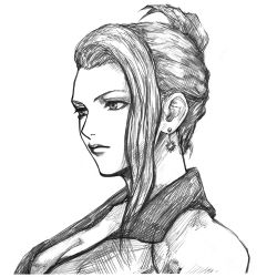 Rule 34 | 1girl, breasts, cleavage, closed mouth, collared dress, commentary request, dress, earrings, final fantasy, final fantasy vii, final fantasy vii remake, graphite (medium), greyscale, hair bun, jewelry, large breasts, monochrome, morokosi, profile, scarlet (ff7), single hair bun, single sidelock, sketch, square enix, traditional media