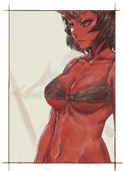 Rule 34 | 1girl, bare arms, bare shoulders, bikini, bikini top only, black bikini, blurry, blurry background, border, breasts, brown hair, cleavage, collarbone, colored skin, expressionless, medium breasts, navel, oni, original, parted lips, red eyes, red skin, short hair, solo, stomach, swimsuit, toned, tsurime, underboob, upper body, white border, zakusi