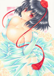 Rule 34 | 1girl, alternate costume, black hair, breasts, cleavage, closed mouth, dress, elbow gloves, from above, gloves, hat, large breasts, looking at viewer, marker (medium), off-shoulder dress, off shoulder, red eyes, red hat, satsuki (gogotaru), shameimaru aya, short hair, smile, solo, tokin hat, touhou, traditional media, wedding dress, white dress, white gloves