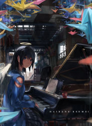 Rule 34 | 00s, 1girl, angel wings, apple, bitten apple, black hair, blue eyes, blurry, copyright name, depth of field, dlkdhy, food, food bite, fruit, grand piano, haibane renmei, halo, highres, instrument, long hair, looking at viewer, origami, paper crane, piano, sitting, solo, television, wings