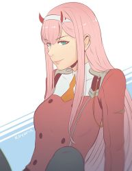 Rule 34 | 10s, aqua eyes, breasts, buttons, commentary, darling in the franxx, double-breasted, eyeshadow, green eyes, hairband, horns, koyorin, makeup, medium breasts, military, military uniform, oni horns, orange neckwear, pantyhose, pink hair, red horns, sitting, solo, straight hair, uniform, white hairband, zero two (darling in the franxx)