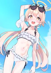 Rule 34 | absurdres, arm up, armpits, beach, bikini, blue archive, blush, breasts, child, collarbone, commentary request, eyewear on head, frilled bikini, frills, gluteal fold, groin, halo, halterneck, hand on own head, hifumi (blue archive), hifumi (swimsuit) (blue archive), highres, light brown hair, long hair, low twintails, lowleg, navel, ocean, open mouth, small breasts, solo, sunglasses, sutora binsuke, swimsuit, twintails, very long hair, white bikini, yellow eyes