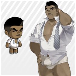 Rule 34 | 1boy, abs, absurdres, bara, bulge, buzz (ero condo), cowboy shot, dark-skinned male, dark skin, ero condo, facial hair, highres, kienbiu, large pectorals, light-skinned palms, male focus, muscular, muscular male, mustache stubble, navel, necktie, nipples, no pants, official alternate costume, paid reward available, partially unbuttoned, pectoral cleavage, pectorals, short hair, simple background, solo, sparse leg hair, standing, stomach, stubble, thick thighs, thighs, undone necktie, very dark skin