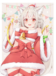 Rule 34 | 1girl, animal ears, arm ribbon, bare shoulders, bell, belt, blush, border, bow, bra, breasts, detached sleeves, english text, eyes visible through hair, green ribbon, grey background, hair between eyes, hands up, inubashiri momiji, long sleeves, looking at viewer, medium breasts, merry christmas, miniskirt, open mouth, red belt, red bow, red bra, red eyes, red skirt, ribbon, rururiaru, santa costume, short hair, silver hair, skirt, smile, solo, standing, star (symbol), tail, tape, touhou, underwear, white border, wide sleeves, wolf ears, wolf tail