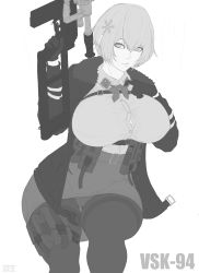 Rule 34 | 1girl, absurdres, ammunition pouch, artist name, assault rifle, belt buckle, breasts, buckle, button gap, character name, coat, collared shirt, fur-trimmed jacket, fur trim, girls&#039; frontline, gloves, gluteal fold, gun, hair ornament, hand on own chest, highres, holster, jacket, kuromoro, large breasts, looking at viewer, looking to the side, magazine (weapon), miniskirt, monochrome, neckwear request, panties, panty peek, pantyhose, pantyshot, pencil skirt, pocket, pouch, rifle, scope, shirt, shirt tucked in, short hair, sketch, skirt, snap-fit buckle, sniper rifle, snowflake hair ornament, thick thighs, thigh gap, thigh holster, thigh pouch, thigh strap, thighband pantyhose, thighs, underwear, unfinished, vsk-94, vsk-94 (girls&#039; frontline), weapon, white background