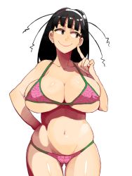 Rule 34 | 1girl, arm behind back, bad drawr id, bad id, bikini, black eyes, black hair, breasts, cleavage, curvy, finger to face, hairband, large breasts, long hair, looking to the side, navel, pink bikini, simple background, skindentation, smile, solo, sudeni sokurou, swimsuit, thigh gap, thighs, wavy mouth, white background