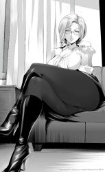 Rule 34 | 1girl, ale (ale halexxx), bad id, bad twitter id, boots, breasts, cleavage, cleavage cutout, clothing cutout, couch, crossed legs, curtains, glasses, glynda goodwitch, greyscale, high heel boots, high heels, indoors, knee boots, large breasts, legs, lips, looking at viewer, monochrome, panties, panties under pantyhose, pantyhose, pantyshot, rimless eyewear, rwby, see-through, see-through legwear, sitting, solo, thick thighs, thighs, underwear, wrist cuffs