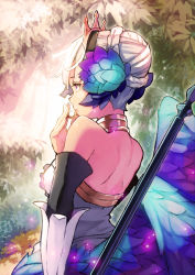 Rule 34 | 1girl, arm at side, armor, armored dress, back, bare shoulders, blue eyes, blue wings, braid, braided bun, closed mouth, crown, dress, eyelashes, feathered wings, flower, from behind, glint, gwendolyn (odin sphere), hair bun, hair flower, hair ornament, holding, jewelry, unworn jewelry, kiss, leaf, lens flare, necklace, object kiss, odin sphere, plant, polearm, profile, retsuna, ring, single hair bun, solo, strapless, strapless dress, upper body, weapon, white hair, wings