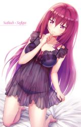 Rule 34 | 1girl, barefoot, blush, breasts, character name, fal (fal-se-0), fate (series), highres, lingerie, long hair, medium breasts, negligee, nightgown, panties, purple hair, red eyes, scathach (fate), see-through, simple background, smile, solo, underwear, very long hair, white background