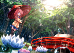 Rule 34 | 1girl, ahoge, bad id, bad pixiv id, black thighhighs, blue eyes, blurry, bow, braid, bridge, building, cardigan, chinomaron, closed mouth, cloud, cloudy sky, day, flower, grass, hair bow, hair ribbon, holding, holding umbrella, lily pad, long hair, long sleeves, looking at viewer, lotus, miniskirt, original, outdoors, pink hair, plaid, plaid skirt, rain, red bow, red ribbon, red skirt, revision, ribbon, skirt, sky, smile, solo, standing, sunlight, thighhighs, tree, umbrella, water drop, white flower, zettai ryouiki