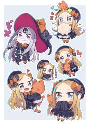 Rule 34 | !, !!, 1girl, abigail williams (fate), abigail williams (third ascension) (fate), black dress, black hat, black panties, blonde hair, bloomers, blue eyes, bow, chibi, colored skin, dress, fate/grand order, fate (series), grey background, hair bow, hat, heart, highres, hugging object, keyhole, long hair, looking at viewer, multiple persona, multiple views, orange bow, panties, parted bangs, polka dot, polka dot bow, purple bow, purple hat, red eyes, scared, sleeves past wrists, smirk, sparkling eyes, stuffed animal, stuffed toy, surprised, symbol-shaped pupils, tearing up, teddy bear, totatokeke, translation request, underwear, very long hair, wavy mouth, white bloomers, white hair, white skin, witch hat