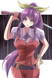 Rule 34 | 1girl, bangle, belt, blush, bracelet, breasts, buttons, commentary request, cowboy shot, dress, grin, hair ribbon, hand on own hip, hand up, happy ginko, head tilt, highres, holding, holding sword, holding weapon, jewelry, katana, large breasts, long hair, looking at viewer, outside border, puffy short sleeves, puffy sleeves, purple eyes, purple hair, red dress, ribbon, short sleeves, simple background, smile, solo, sword, touhou, v-shaped eyebrows, very long hair, watatsuki no yorihime, weapon, white background, yellow ribbon